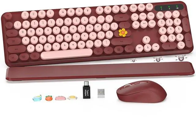 Main image of Wireless Keyboard and Mouse Combo - Retro Keyboard with Round Keycaps, Full-Size Typewriter Keyboard with Detachable Wrist Rest, 2.4GHz Connection for Mac/Windows/PC (Wine Red)