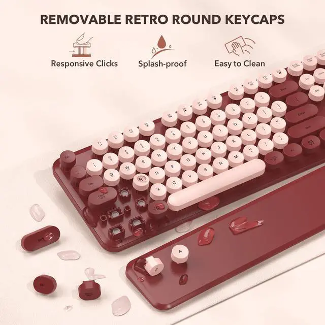 Alt view image 3 of 5 - Wireless Keyboard and Mouse Combo - Retro Keyboard with Round Keycaps, Full-Size Typewriter Keyboard with Detachable Wrist Rest, 2.4GHz Connection for Mac/Windows/PC (Wine Red)