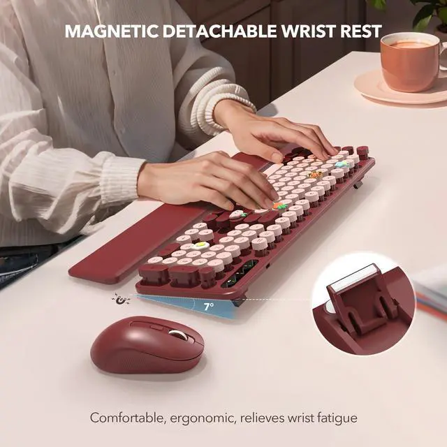 Alt view image 2 of 5 - Wireless Keyboard and Mouse Combo - Retro Keyboard with Round Keycaps, Full-Size Typewriter Keyboard with Detachable Wrist Rest, 2.4GHz Connection for Mac/Windows/PC (Wine Red)