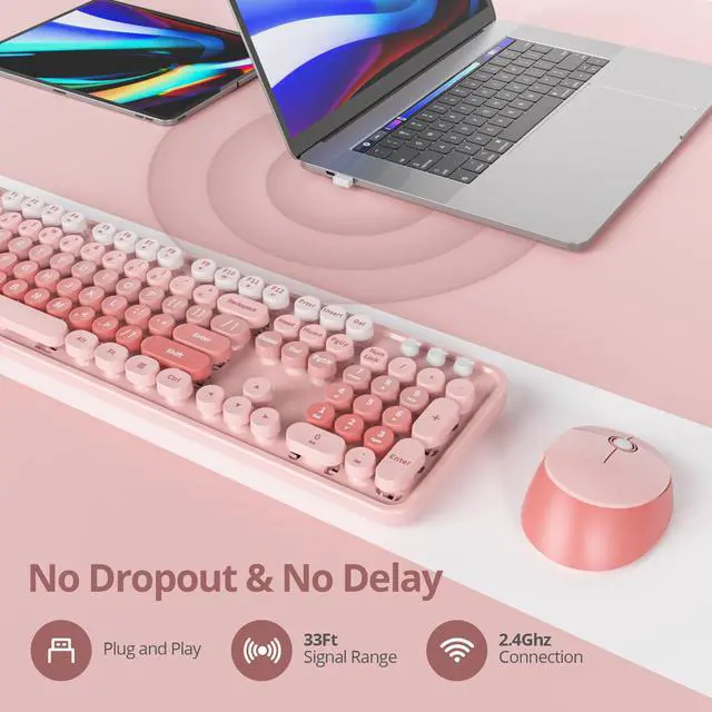 Alt view image 2 of 5 - SbocKeeb Wireless Keyboard and Mouse Set, Retro Typewriter Keyboard, 2.4GHz Full Size 104-Key Cute Keyboard with Number Pad, Colorful Keyboard with Round Keycaps for Windows PC Laptop(Pink)