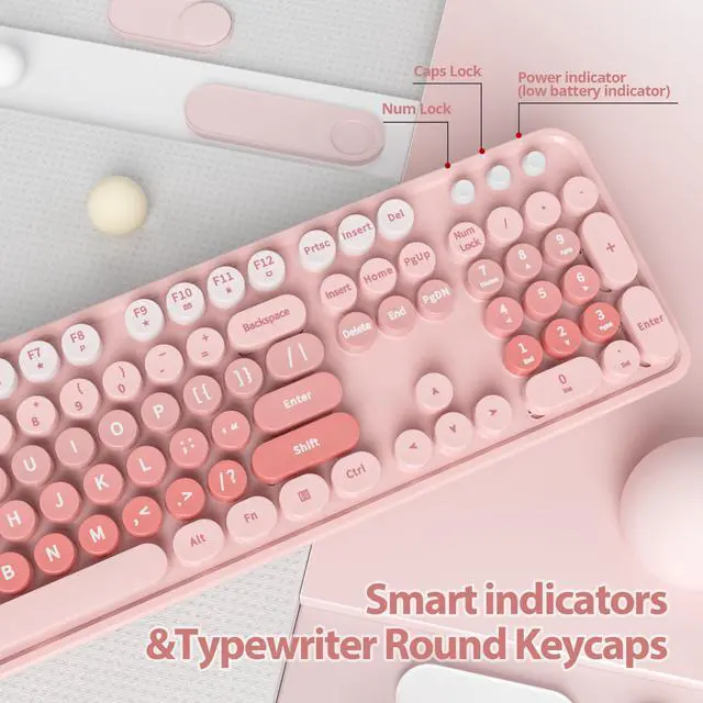 Alt view image 4 of 5 - SbocKeeb Wireless Keyboard and Mouse Set, Retro Typewriter Keyboard, 2.4GHz Full Size 104-Key Cute Keyboard with Number Pad, Colorful Keyboard with Round Keycaps for Windows PC Laptop(Pink)