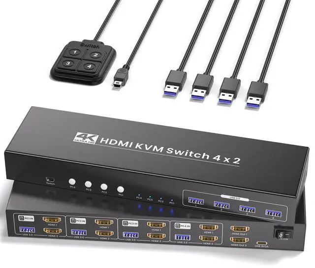 Main image of USB 3.0 Dual Monitor HDMI KVM Switch, 4K60Hz 4 Port HDMI KVM Switch 2 Monitors 4 Computers for 4 Computers Share 1 Set of Keyboard, Mouse and 2 Monitors, 4 USB 3.0 Ports Integration