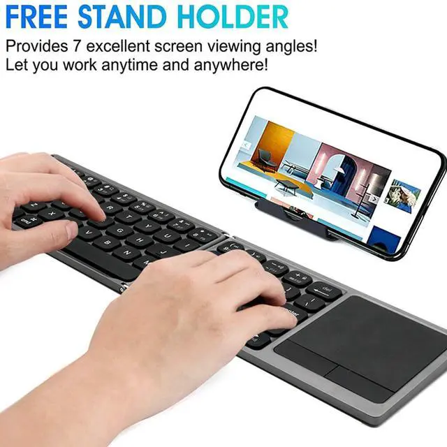 Alt view image 2 of 5 - Foldable Bluetooth Keyboard, Portable Keyboard with Sensitive Touchpad and Stand, Pocket Sized Folding Travel Keypad Compatible with iOS for Android Phone Tablet