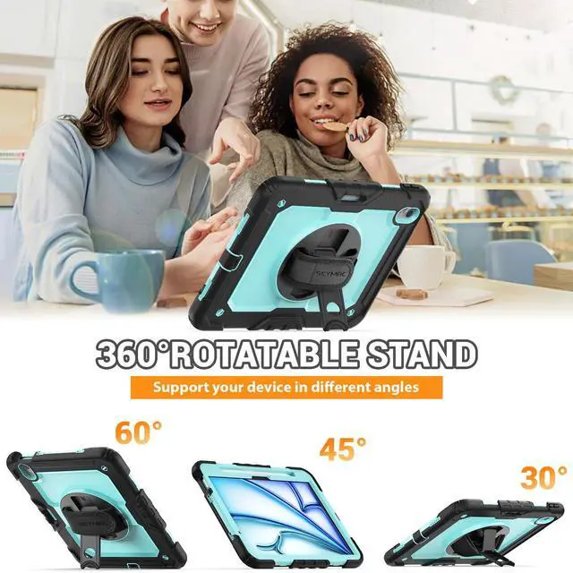 Alt view image 4 of 5 - SEYMAC Case for iPad Air 11 Inch M3 2025/M2 2024 (Air 7th/6th Generation), Heavy Duty Shockproof Protective Case with Screen Protector, Rotating Stand and Hand/Shoulder Strap, Light Blue