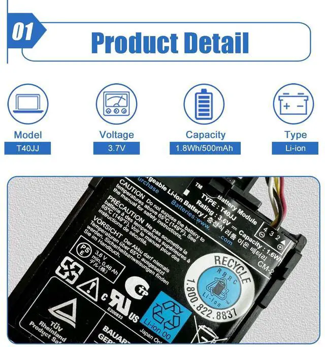 Alt view image 2 of 5 - T40JJ Battery Compatible with Dell Perc Raid H710 H710P H730 H730p H810 H830 PowerEdge M620 R320 R420 R520 R620 R720 R820 T110 II T420 70K80 H132V +Case