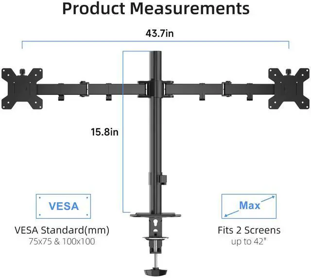 Alt view image 2 of 5 - Suptek Dual Ultrawide Monitor Desk Mount,Fully Adjustable Dual Monitor Arm for 2 Monitor Screens up to 42 inches and Max 22lbs Each,Extra Tall 15.75" Pole Dual Monitor Stand for Desk,Black(MD9442LB)