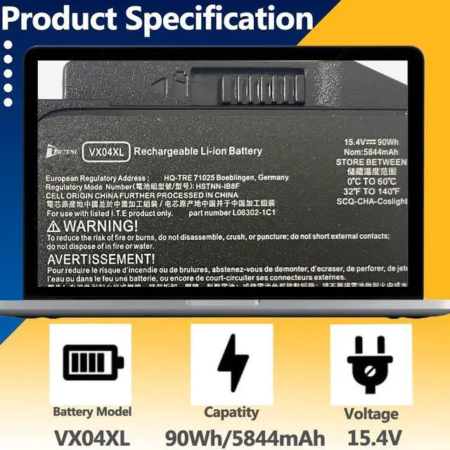 Alt view image 2 of 5 - TAVZENL VX04XL 90Wh Battery Replacement for HP ZBook 15 G6 8BD07PA 8AG61PA 7WY16PA Series 15 G5 4QH14EA 4QH15EA 5KY98AV 5KY99AV 3AX05AV 3AX06AV 2YW99AV 2YX00AV Series 15.4V 5844mAh