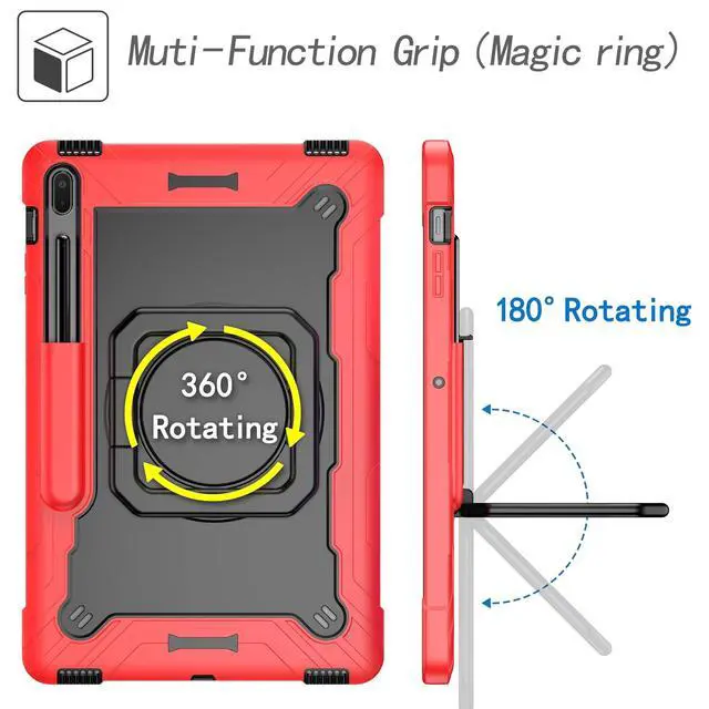 Alt view image 2 of 5 - Shockproof Case for Samsung Galaxy Tab S8+/S7+/S7 FE 12.4" Tablet, Techcircle Rotating Stand Ring Handle Rugged Drop Proof Protective Cover with Shoulder Strap for SM-X800/X806/T730/T970, Red+Black