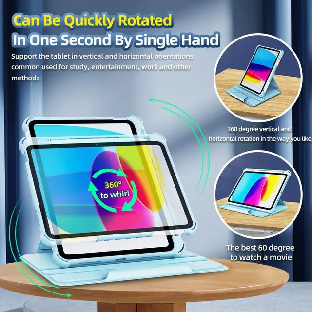 Alt view image 3 of 5 - Rotating Case for iPad 11" A16 2025 / iPad 10th Generation 10.9" 2022 Smart Cover with Pencil Holder, Techcircle [Corner Protection] Hybrid TPU+PC Magnetic Flip Stand Soft Bumper Cover, Baby Blue
