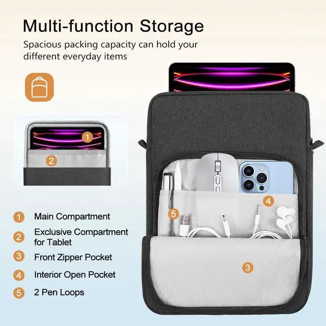 Alt view image 3 of 5 - TiMOVO 13 Inch Tablet Sleeve Handbag with Shoulder Strap for iPad Air 13" M3 2025, iPad Pro 13", iPad Pro 12.9", Galaxy Tab S9+/S9 Plus/S10+/S10 Plus/S9 FE+/S9 FE Plus 12.4", Black & Gray