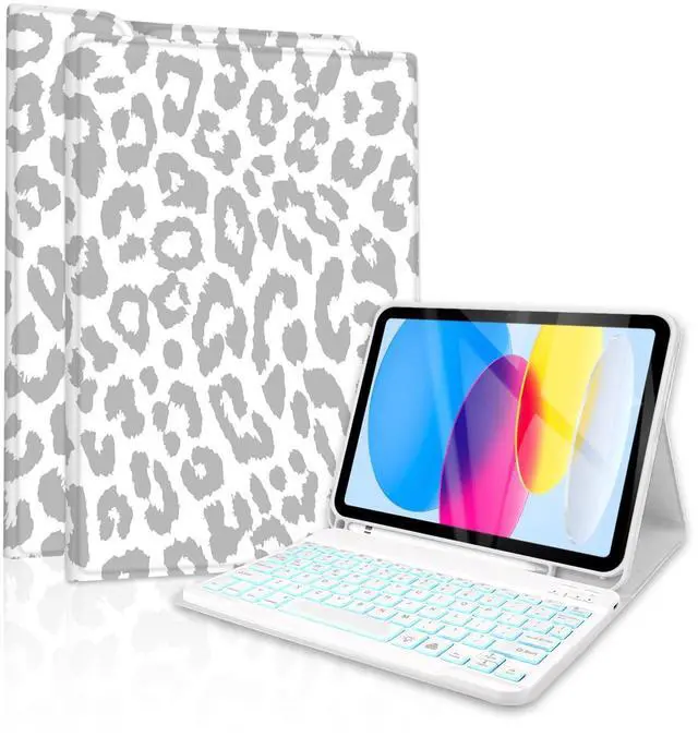 Main image of TopPerfekt for Bluetooth Keyboard iPad 10th Gen 10.9 inch (2022) case iPad (A16) 11th/ 10th Gen Case 11'' (2025) with 7-Color Backlights, Pencil Holder, Detachable, Rechargeable- Grey Leopard