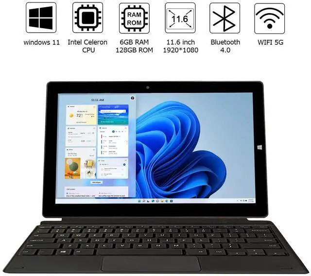 Alt view image 2 of 5 - TPSPAD Windows Tablet with Keyboard, 11.6 inch 2-in-1 Tablets Laptops Touchscreen Windows 11, Intel Celeron, 1920 * 1080 IPS 6GB RAM 128GB EMMC 2.4G/5G WiFi Bluetooth HDMI USB