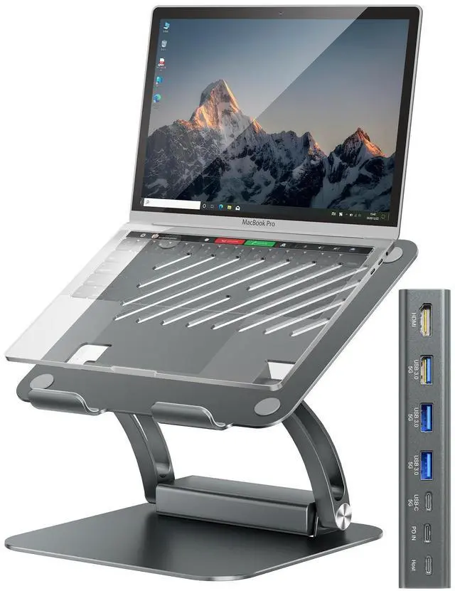 Main image of tounee Laptop Stand with Detachable USB-C Hub, 100W PD Charging, 4K@60Hz HDMI, 3 USB Ports, Ergonomic Laptop Holder Docking Station for 10-17" Laptops, MacBook & More - Gray