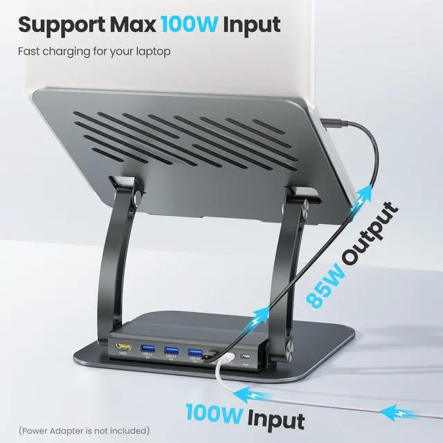 Alt view image 4 of 5 - tounee Laptop Stand with Detachable USB-C Hub, 100W PD Charging, 4K@60Hz HDMI, 3 USB Ports, Ergonomic Laptop Holder Docking Station for 10-17" Laptops, MacBook & More - Gray