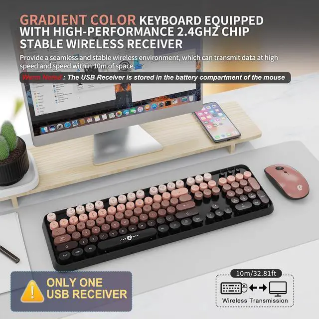 Alt view image 2 of 5 - Wireless Keyboard and Mouse Combo, 104 Round Keys Cute Colorful Keyboard and Mouse with Retro Typewriter for PC/Mac/Laptop/Tablet/Computer/Windows Black