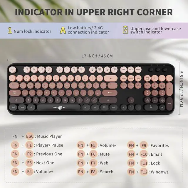 Alt view image 3 of 5 - Wireless Keyboard and Mouse Combo, 104 Round Keys Cute Colorful Keyboard and Mouse with Retro Typewriter for PC/Mac/Laptop/Tablet/Computer/Windows Black