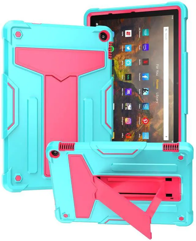 Main image of UUcovers Kindle Fire HD 10/10 Plus 10.1" Tablet Case (Only Fits 11th Generation,2021 Release) with Kickstand Shockproof 3 in 1 Heavy Duty Rugged Hybrid Hard PC & Soft Silicone Cover, Aqua & Rose Red