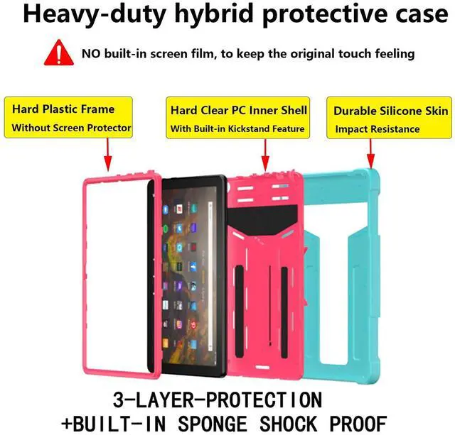 Alt view image 4 of 5 - UUcovers Kindle Fire HD 10/10 Plus 10.1" Tablet Case (Only Fits 11th Generation,2021 Release) with Kickstand Shockproof 3 in 1 Heavy Duty Rugged Hybrid Hard PC & Soft Silicone Cover, Aqua & Rose Red