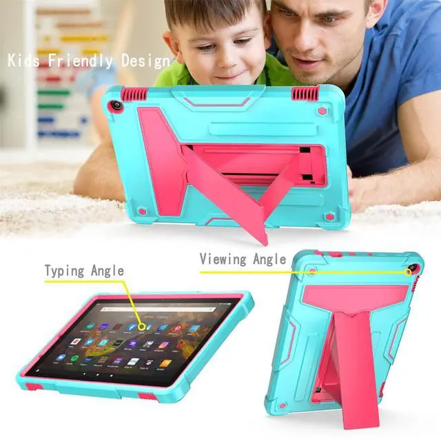 Alt view image 5 of 5 - UUcovers Kindle Fire HD 10/10 Plus 10.1" Tablet Case (Only Fits 11th Generation,2021 Release) with Kickstand Shockproof 3 in 1 Heavy Duty Rugged Hybrid Hard PC & Soft Silicone Cover, Aqua & Rose Red