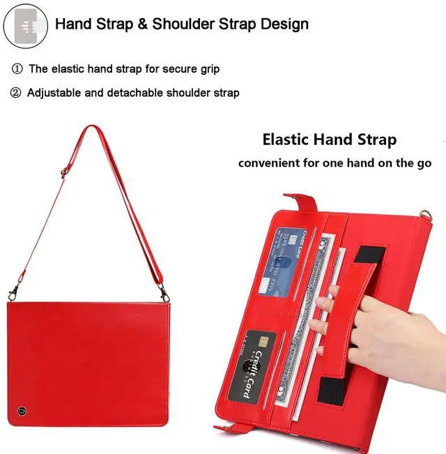 Alt view image 5 of 5 - UUcovers Crossbody Handbag Case for iPad (A16) 11th Gen 11 inch 2025 & iPad 10th Gen 10.9" 2022 with Pencil Holder/Pockets [Shoulder Strap/Hand Strap] Folio Stand Envelope Magnetic Wallet Cover, Red