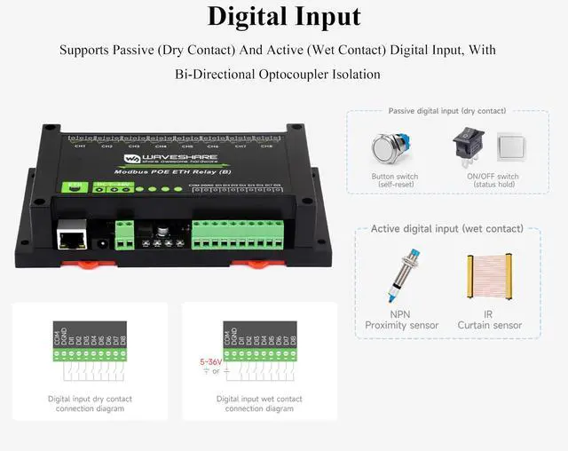 Alt view image 5 of 5 - 8-CH Ethernet Relay Module (B) with Digital Input, Modbus RTU/Modbus TCP Protocol, Support DC 7~36V Wide Range Power Input and PoE Power Supply, with Various Isolation and Protection Circuits