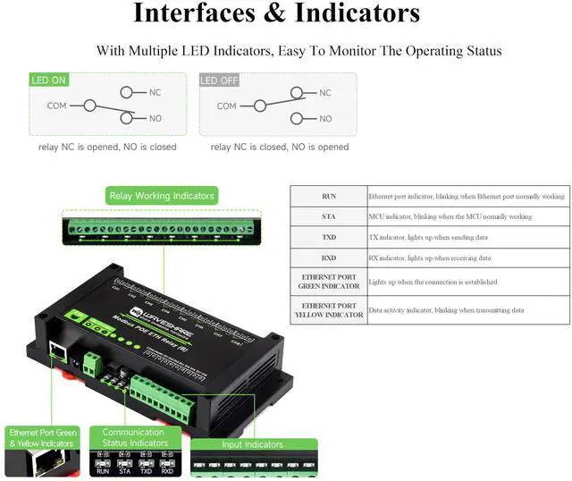 Alt view image 4 of 5 - 8-CH Ethernet Relay Module (B) with Digital Input, Modbus RTU/Modbus TCP Protocol, Support DC 7~36V Wide Range Power Input and PoE Power Supply, with Various Isolation and Protection Circuits