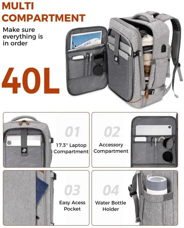 Alt view image 3 of 5 - Vancropak Carry on Backpack, Flight Approved Travel Backpack with 3 Packing Cubes, Expandable Personal Item Travel Bag fit 17.3" Laptop, Anti Theft Luggage Suitcase Weekend Daypack for Women Men, Grey
