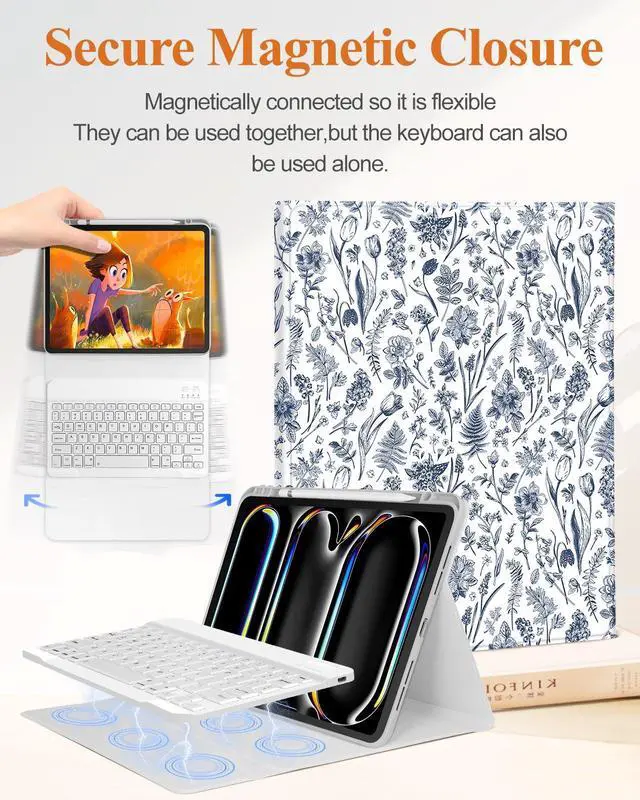 Alt view image 4 of 5 - Wazzasoft for iPad Pro 13 inch Case 2024 M4 with Keyboard - Pencil Holder Folio Tablet Cover Women Girl Cute Teen Blue Floral Unique Design for Apple Pro 13 A2925 A2926 A3007