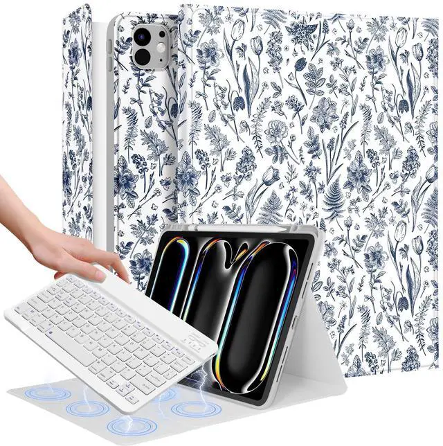 Main image of Wazzasoft for iPad Pro 13 inch Case 2024 M4 with Keyboard - Pencil Holder Folio Tablet Cover Women Girl Cute Teen Blue Floral Unique Design for Apple Pro 13 A2925 A2926 A3007