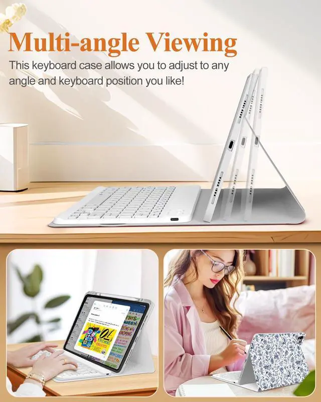 Alt view image 5 of 5 - Wazzasoft for iPad Pro 13 inch Case 2024 M4 with Keyboard - Pencil Holder Folio Tablet Cover Women Girl Cute Teen Blue Floral Unique Design for Apple Pro 13 A2925 A2926 A3007