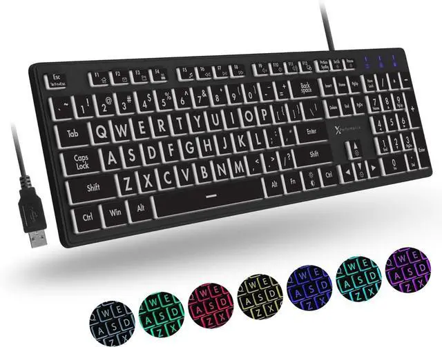 Main image of Large Print Backlit Keyboard Wired - Easy to See and Type - Light Up Keyboard for Seniors, Elderly, Kids - USB Lighted Keyboard, 7 Backlight Colors, Oversize Letters - Easy View PC, Computer Keyboards