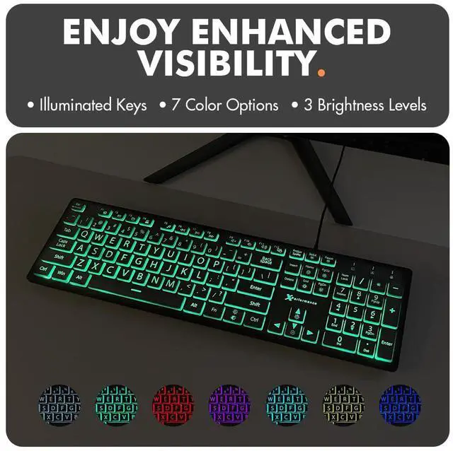 Alt view image 3 of 5 - Large Print Backlit Keyboard Wired - Easy to See and Type - Light Up Keyboard for Seniors, Elderly, Kids - USB Lighted Keyboard, 7 Backlight Colors, Oversize Letters - Easy View PC, Computer Keyboards