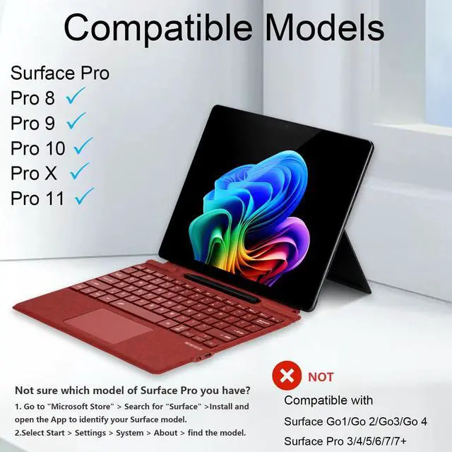 Alt view image 2 of 5 - Zoof Type Cover for Microsoft Surface Pro 11 / Pro 10 / Pro 9 / Pro 8 / Pro X, 13 inch, Portable Slim Bluetooch Keyboard with Touchpad, Pen Holder (Poppy Red with Backlit)