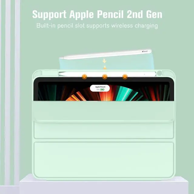 Alt view image 2 of 5 - ZryXal New iPad Pro 12.9 Inch Case 2022/2021/2020(6th/5th/4th Gen) with Pencil Holder,Smart Case [Support Touch ID and Auto Wake/Sleep] with Auto 2nd Gen Pencil Charging (Light Green)
