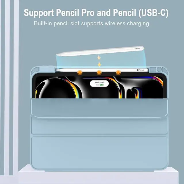 Alt view image 2 of 5 - ZryXal New iPad Pro 13 Inch Case (M5) 2025 / (M4) 2024 with Pencil Holder, Smart iPad Case [Support Pencil Pro and Pencil (USB-C)], Support Touch ID and Auto Wake/Sleep (Light Blue)