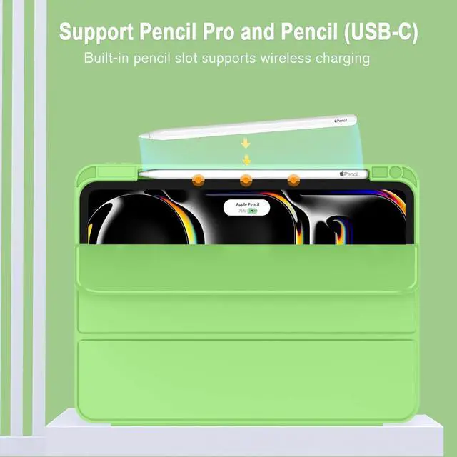 Alt view image 2 of 5 - ZryXal New iPad Pro 13 Inch Case M4 (2024 Model, 7th Generation) with Pencil Holder, Smart iPad Case [Support Pencil Pro and Pencil (USB-C)], Support Touch ID and Auto Wake/Sleep (Grass Green)