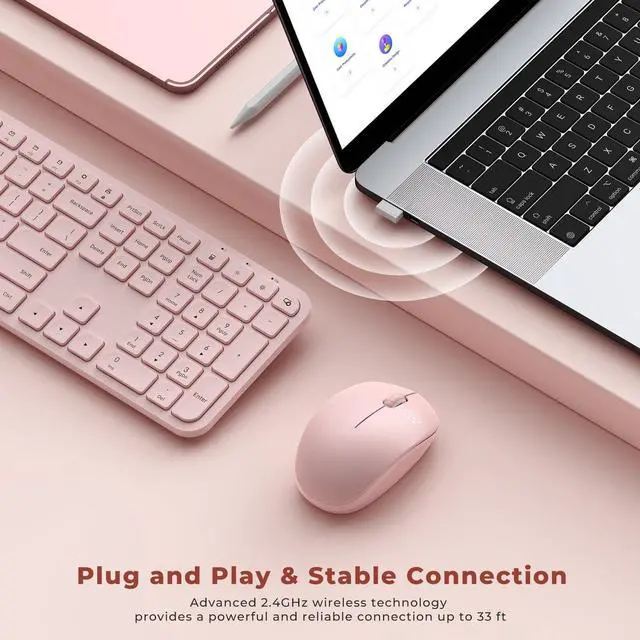 Alt view image 2 of 5 - Wireless Keyboard and Mouse Combo - seenda Full Size 2.4G USB Wireless Keyboard Mouse Set, Quiet Cordless Computer Keyboard Mouse for Windows, Laptop, PC - Pink