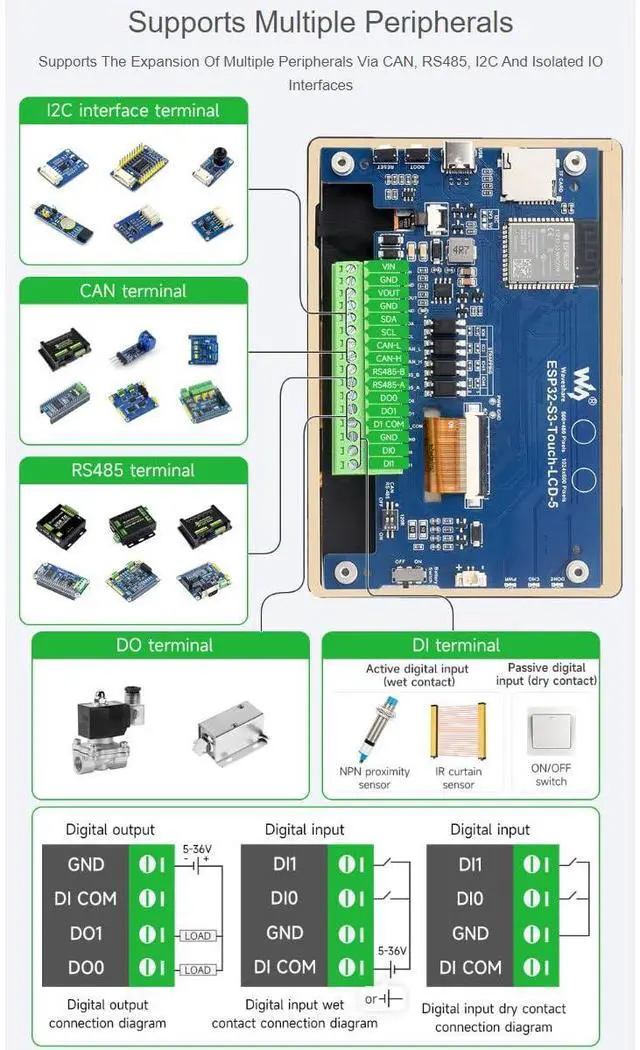 Alt view image 4 of 5 - waveshare ESP32-S3 5inch Display LCD Development Board 1024x600 Solution IPS Display with 2.4GHz WiFi and BLE 5 Support,32-bit LX7 Dual-core Processor