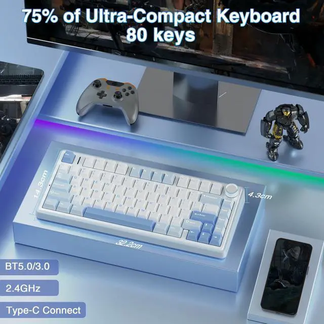 Alt view image 3 of 5 - AULA Wireless Keyboard Combo, F75 75% Mechanical Keyboard, Hot Swappable + SC580 Wireless Gaming Mouse, White
