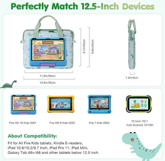Alt view image 2 of 5 - MoKo 10-12.5 Inch Kids Tablet Sleeve Carrying Case for Fire HD 10 13th/11th Gen, Fire HD 8/7 Kids 2022, Tablet Bag with Shoulder Strap for 10/10.1 Inch Android 12/13, Green Dinosaur