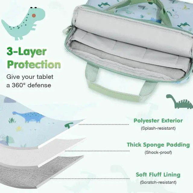 Alt view image 3 of 5 - MoKo 10-12.5 Inch Kids Tablet Sleeve Carrying Case for Fire HD 10 13th/11th Gen, Fire HD 8/7 Kids 2022, Tablet Bag with Shoulder Strap for 10/10.1 Inch Android 12/13, Green Dinosaur