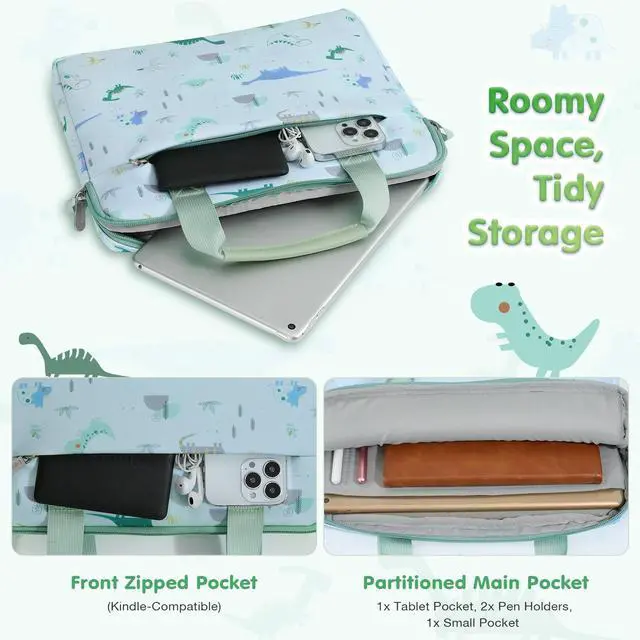 Alt view image 4 of 5 - MoKo 10-12.5 Inch Kids Tablet Sleeve Carrying Case for Fire HD 10 13th/11th Gen, Fire HD 8/7 Kids 2022, Tablet Bag with Shoulder Strap for 10/10.1 Inch Android 12/13, Green Dinosaur
