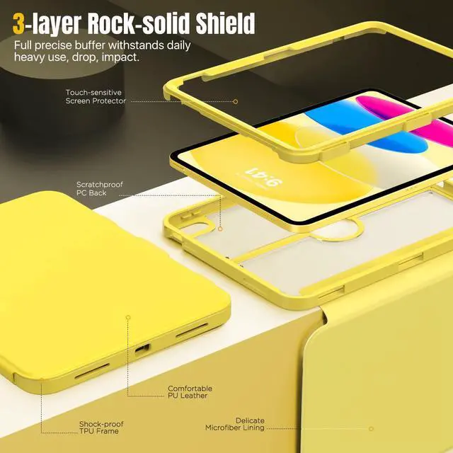 Alt view image 3 of 5 - MoKo for iPad 11-inch (A16) 11th Generation Case 2025/ iPad 10th Generation Case with Pencil Holder 2022 10.9 inch, Built-in Screen Protector Clear Back, Multi Angle Viewing Stand, Yellow