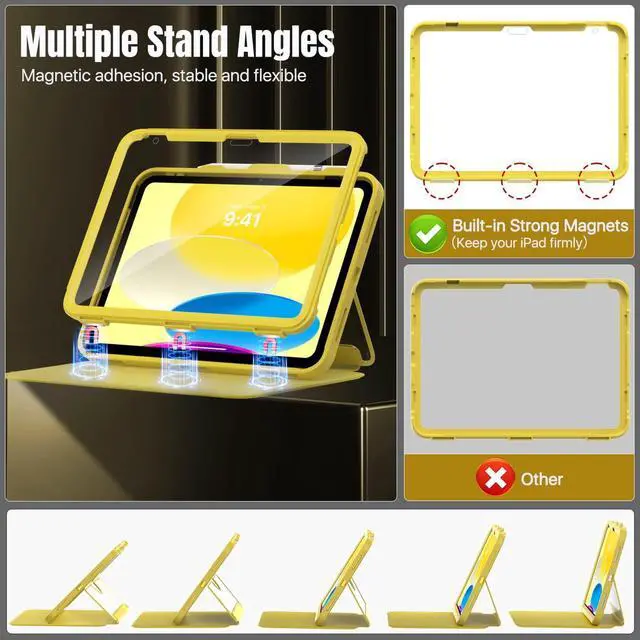 Alt view image 4 of 5 - MoKo for iPad 11-inch (A16) 11th Generation Case 2025/ iPad 10th Generation Case with Pencil Holder 2022 10.9 inch, Built-in Screen Protector Clear Back, Multi Angle Viewing Stand, Yellow