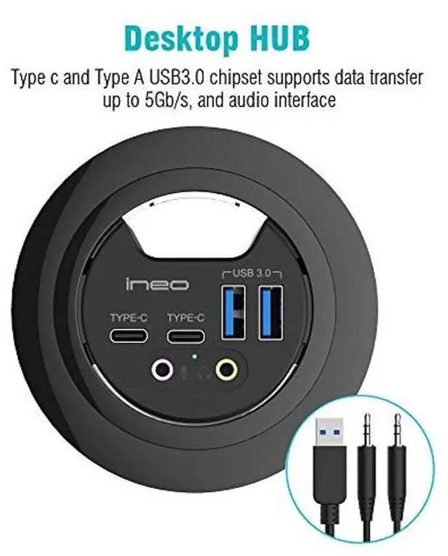 Alt view image 2 of 5 - ineo Grommet Desk-Fit (Diameter 2.3" to 2.4") 2Type A + 2Type C with 3.5mm Audio Mic Jack + 3.2" Expandable case (Power is not Included)[THC06 - VI Plus]