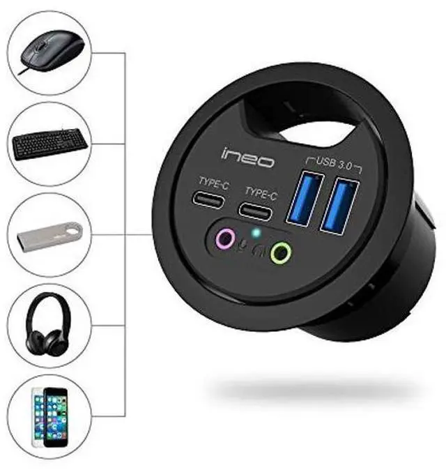 Alt view image 3 of 5 - ineo Grommet Desk-Fit (Diameter 2.3" to 2.4") 2Type A + 2Type C with 3.5mm Audio Mic Jack + 3.2" Expandable case (Power is not Included)[THC06 - VI Plus]