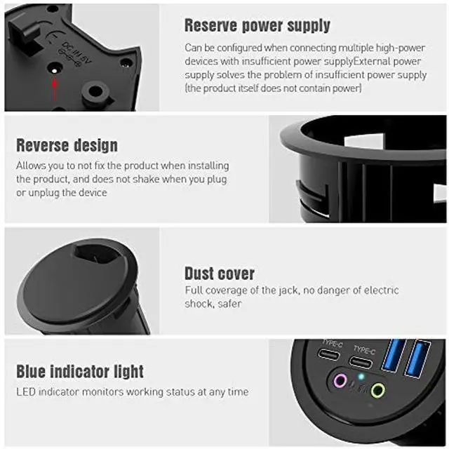 Alt view image 4 of 5 - ineo Grommet Desk-Fit (Diameter 2.3" to 2.4") 2Type A + 2Type C with 3.5mm Audio Mic Jack + 3.2" Expandable case (Power is not Included)[THC06 - VI Plus]