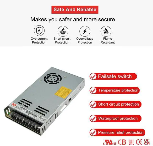 Alt view image 5 of 5 - Mean Well LRS-350-5 350W Single Output Switching Power Supply 5V 60A, 90-132VAC/180-264VAC Input, Industrial Grade, UL Certified, for Automation Machinery