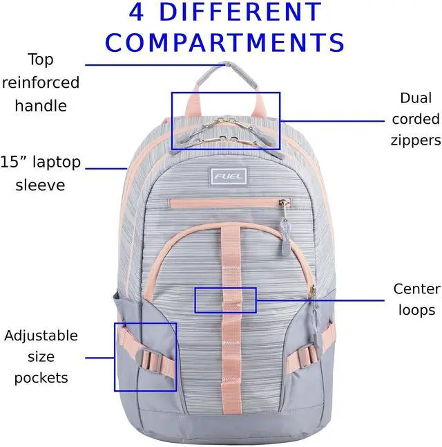 Alt view image 3 of 5 - FUEL Hiking Laptop Backpack, College Bookbag, Travel Daypack with 5 Compartments, Dynamo Tech Pocket, 18.5 Inches, Silver