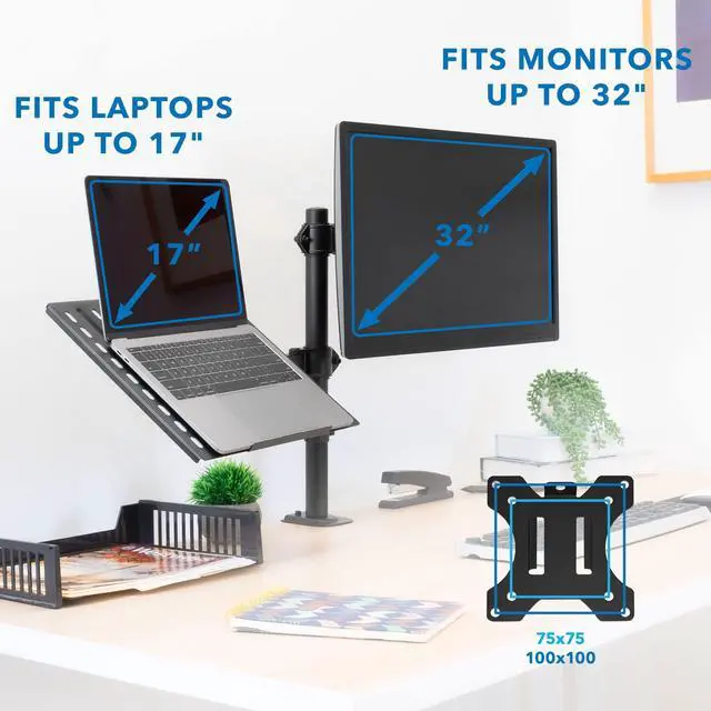 Alt view image 2 of 5 - Mount-It! Laptop Desk Mount with Monitor Arm, Dual Laptop and Monitor Stand, Fully Adjustable, VESA Compatible, Ventilated Tray, Fits 13-32" Screens and Laptops up to 17", Clamp & Grommet Base